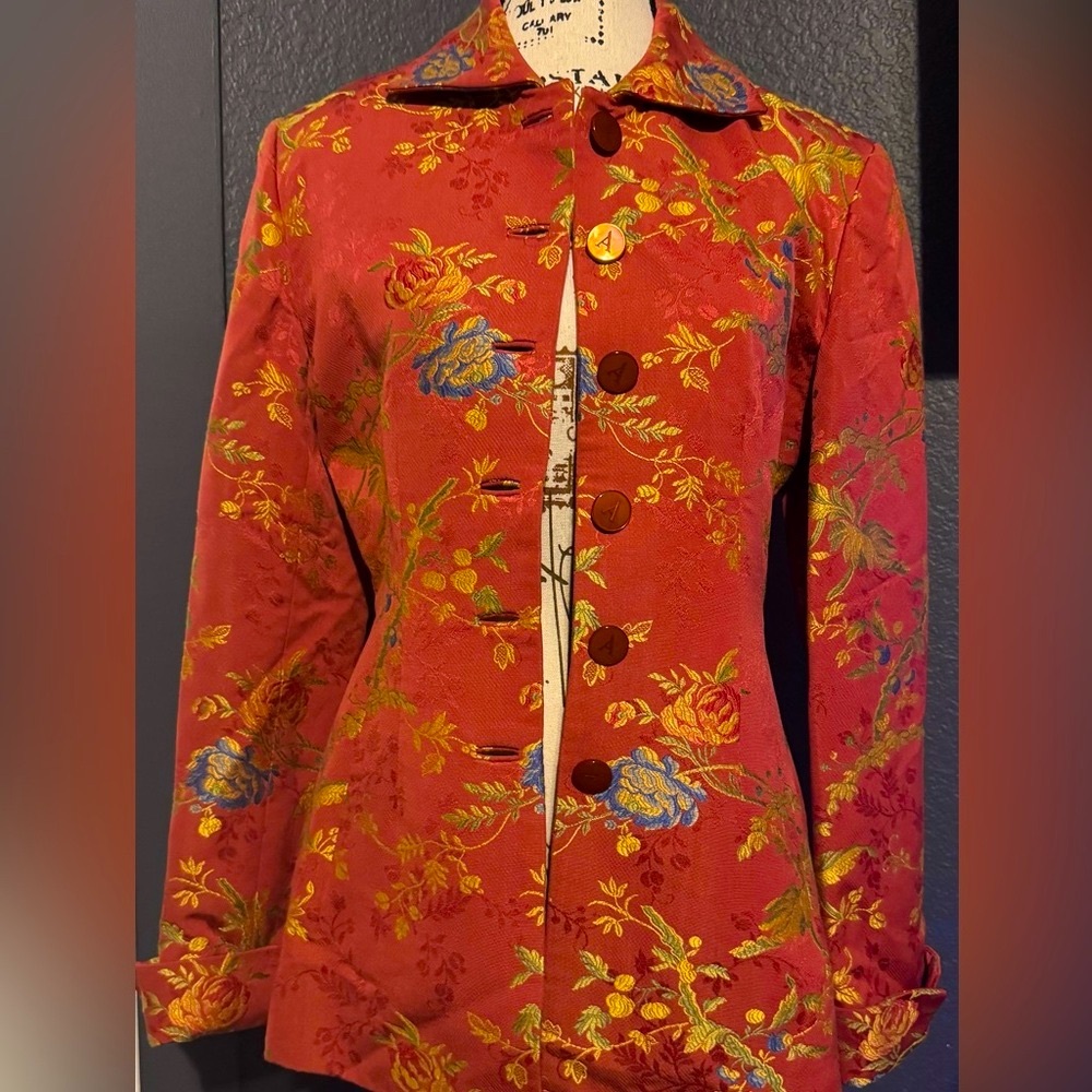Vintage Silk Alease Fisher Red Floral Jacket - Unique one of a Kind - Picture 4 of 12